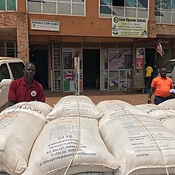 Bags of feed arriving at the distribution store in Kalerwe, Kampala