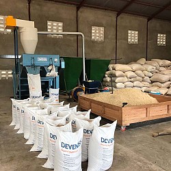Feed bags lined up in the feed mill